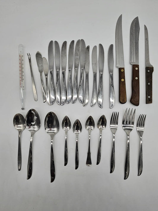 Mixed Lot Vintage Flatware Knives Forks Spoons + Steak Knives Thermometer