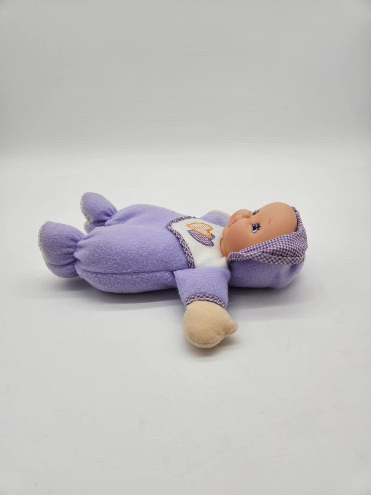 VTG Fuzzy Fleece Bay Doll Purple Hearts Blue Eyes Hard Face Plush 11" Toy