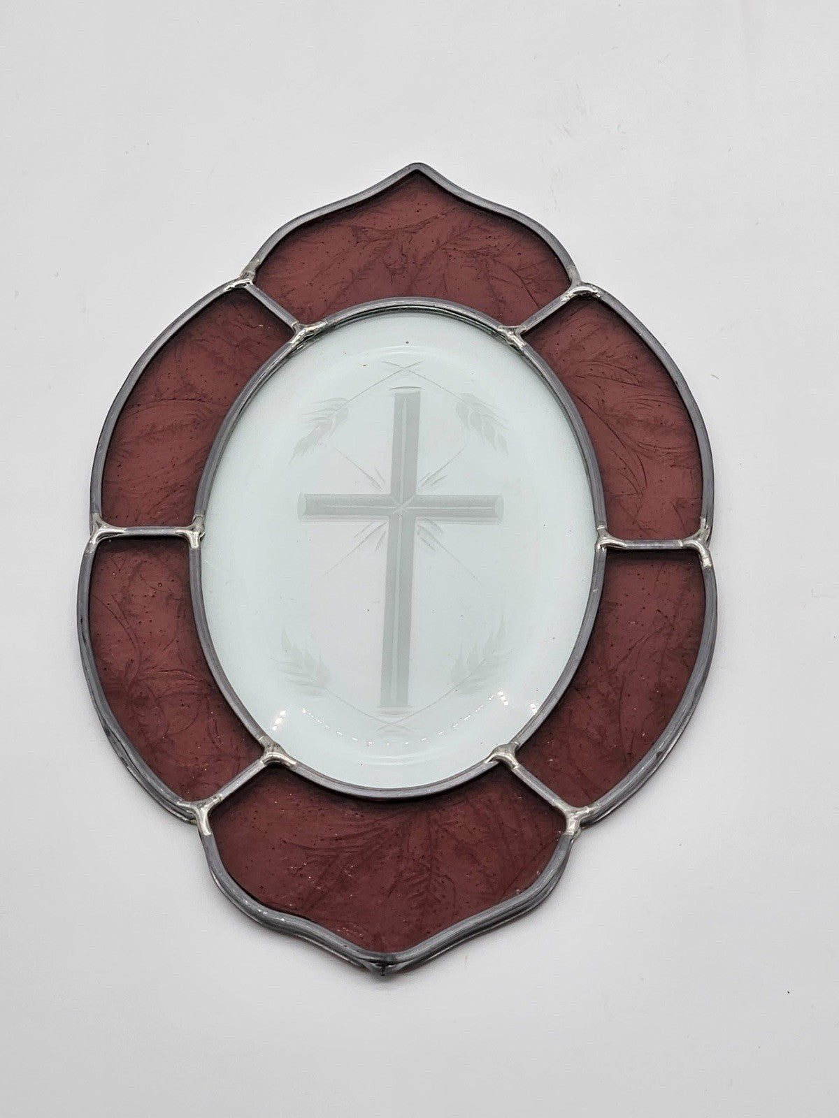 OVAL GLASS Etched CROSS Suncatcher Pewter like Rim 9 X6 inches Religious RED