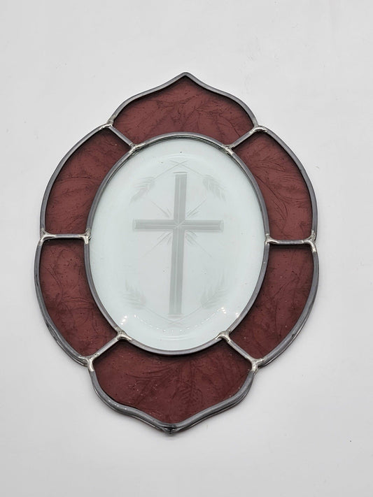 OVAL GLASS Etched CROSS Suncatcher Pewter like Rim 9 X6 inches Religious RED