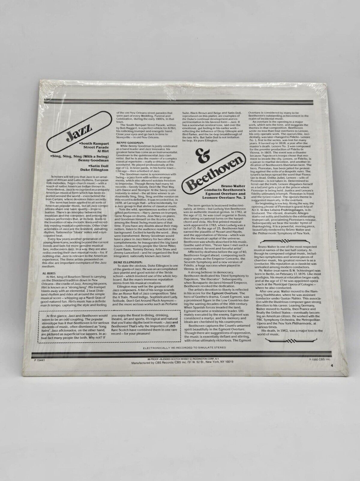 Jazz & Beethoven LP J & B Scotch New Sealed Benny Goodman Duke Bruno Walter