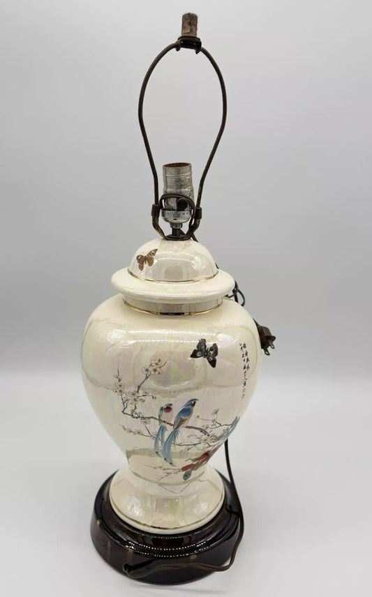 Vintage Asian Chinoiserie Ginger Jar Glass Lamp, Blue Birds with Cherry Blossoms