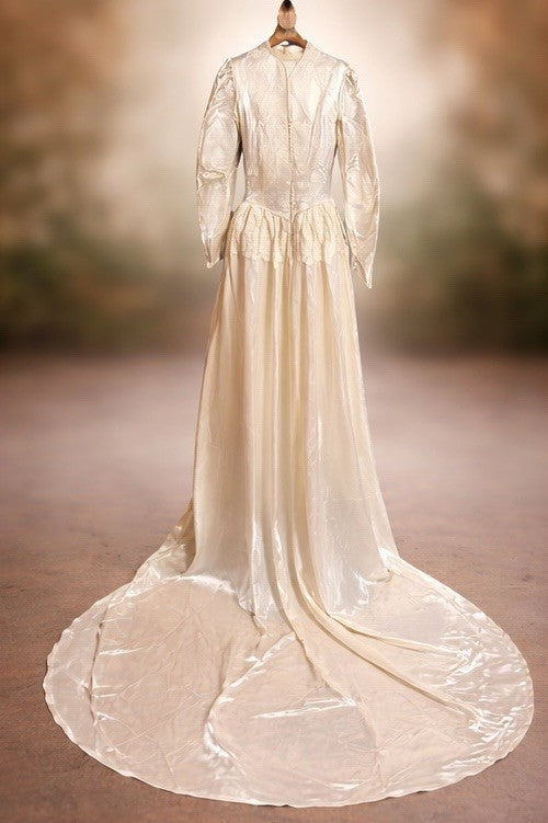 1930s Ivory Satin Wedding Dress Lace Bodice Long Sleeves Vintage Bridal Gown