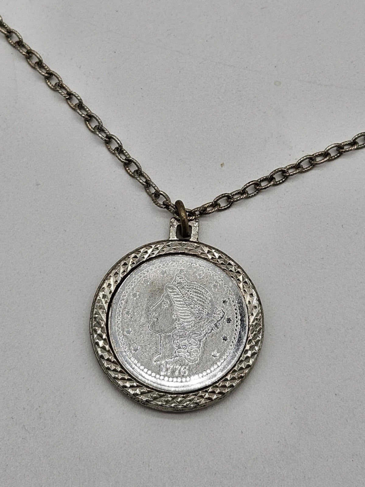 Vintage Bicentennial 1776 Twenty D Coin Necklace Pendant Silver Tone 12” Chain