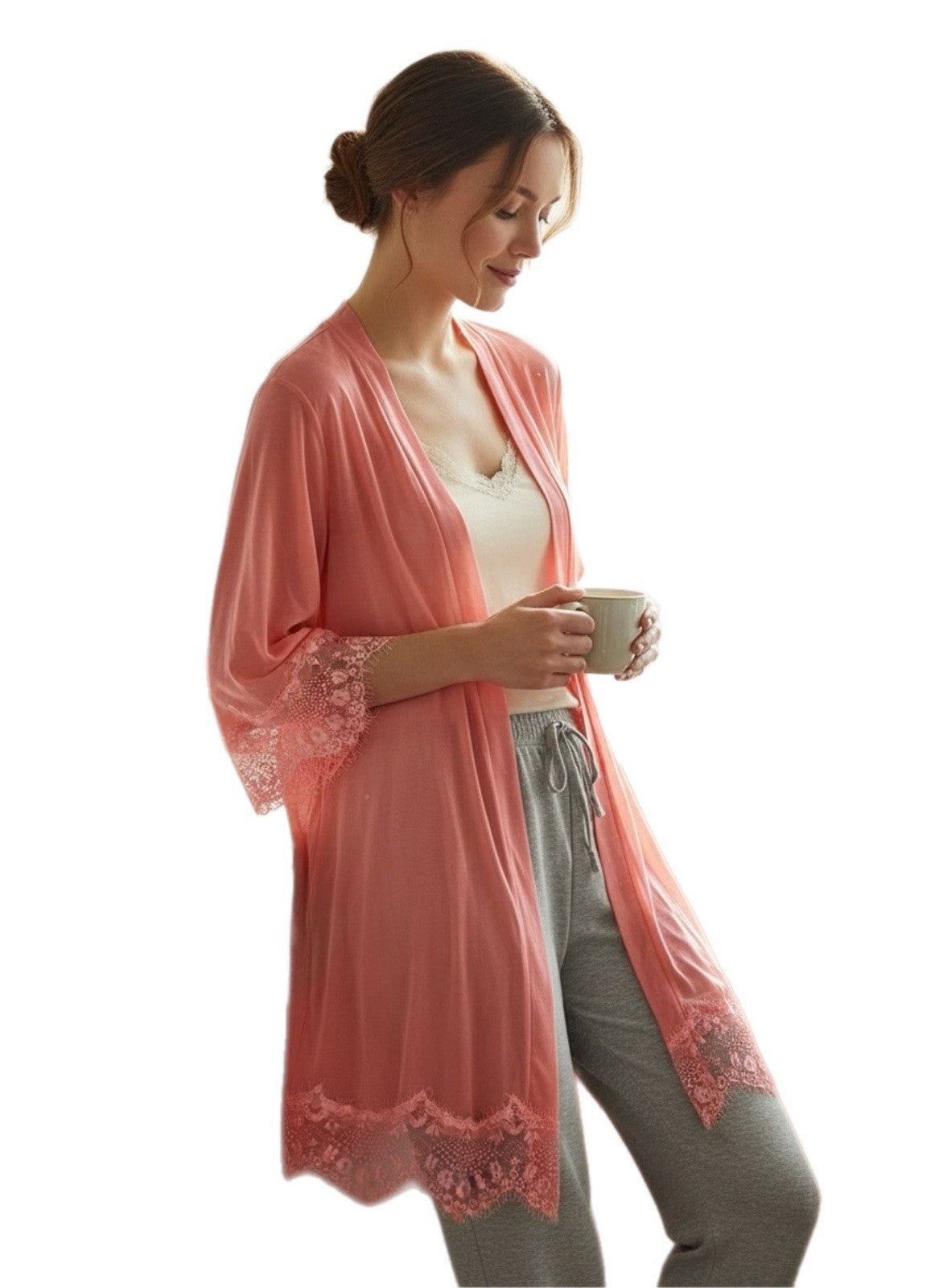 NWT Coral Pink Lace Trim Kimono Robe, 3/4 Sleeve, Lightweight Open Front