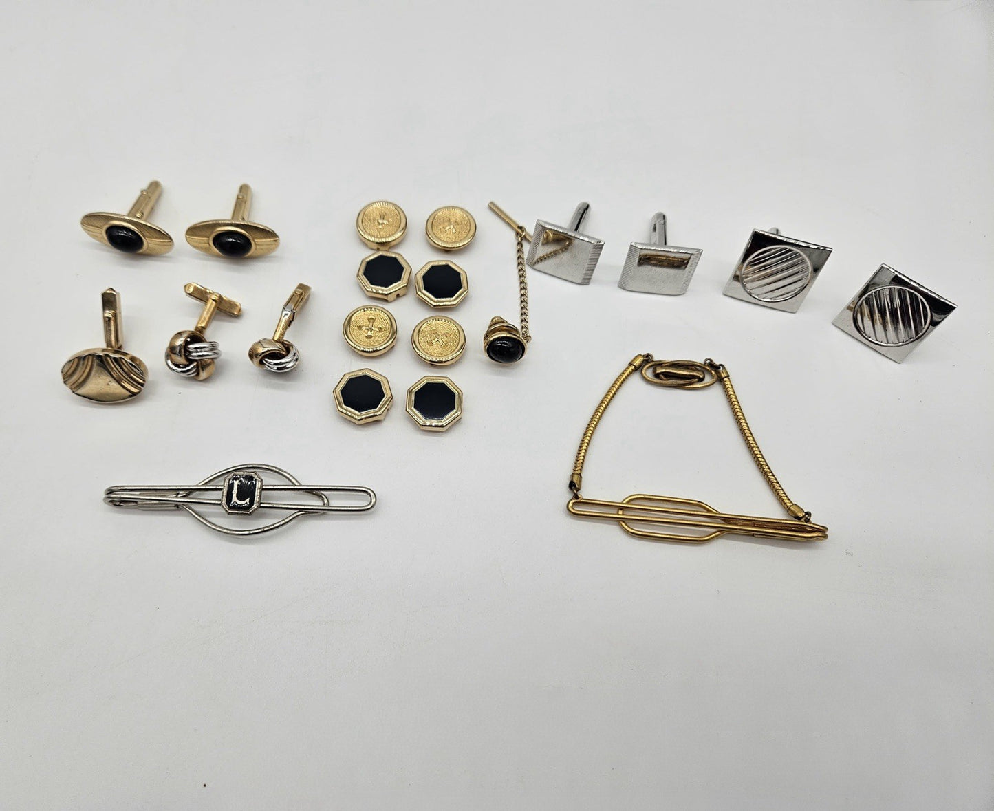 Vintage Men’s Cufflink & Tie Bar Set in Original Box Art Deco Style Gold Tone