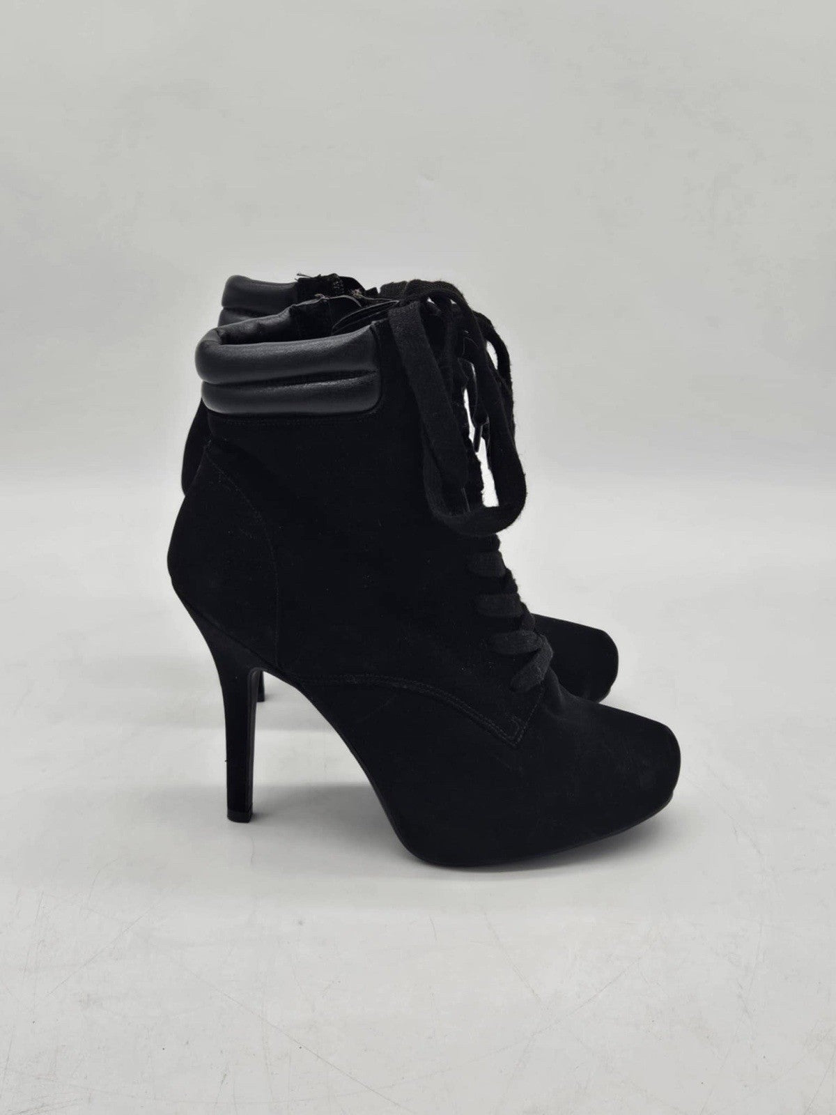 Andiamo High Heel Booties Black Size 9 Faux Suede Zipper Lace up Stiletto