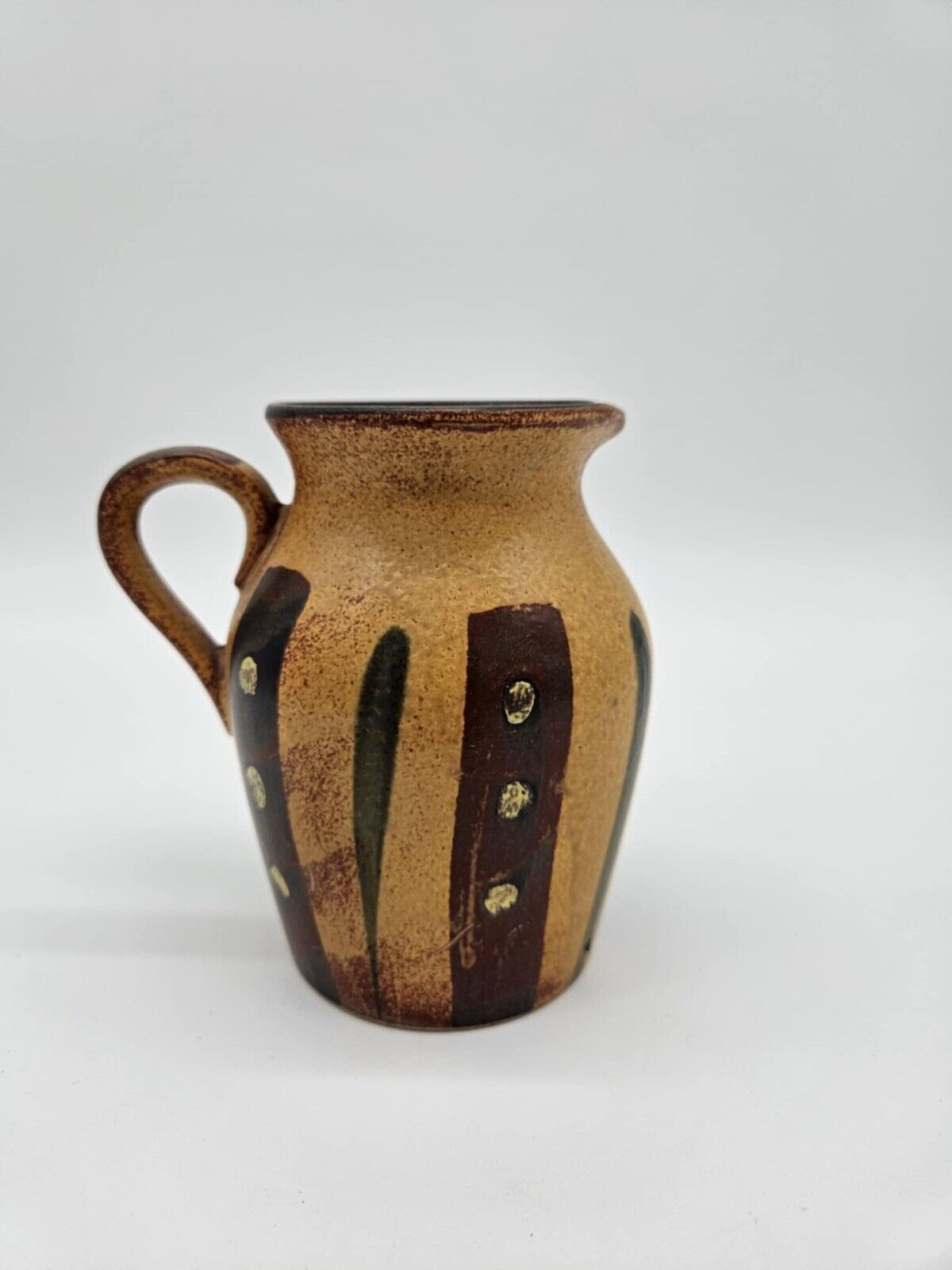 Small Pottery Pitcher Brown Tan Green Made in Vase Pourer