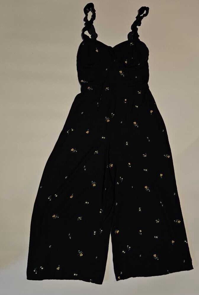 WOMENS FLORAL SLEEVELESS CROPPED PANT SIDE ZIPPER MOLDED CUP JUMPSUIT, BLACK