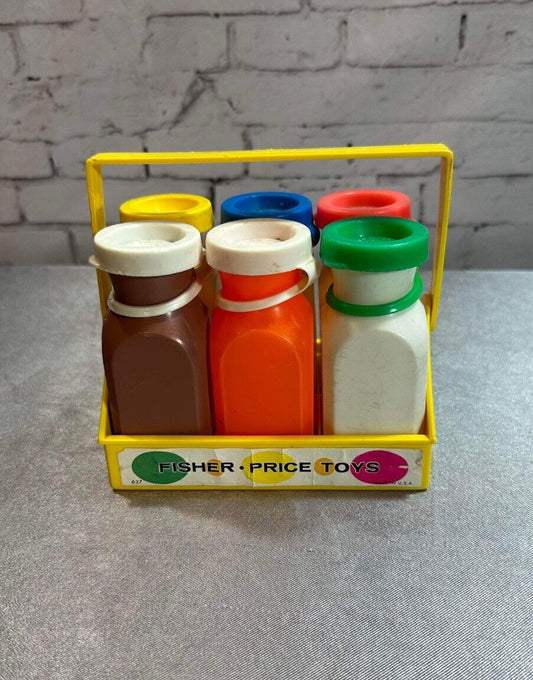 1970's Vintage Fisher Price 6 Milk Bottles with Caps and Carrier Toy #637 VTY