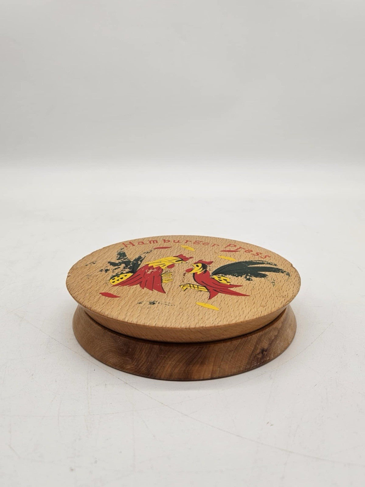 Vintage 50s 60s MCM Cragstan Hand Painted Roosters Wood Hamburger Press Japan
