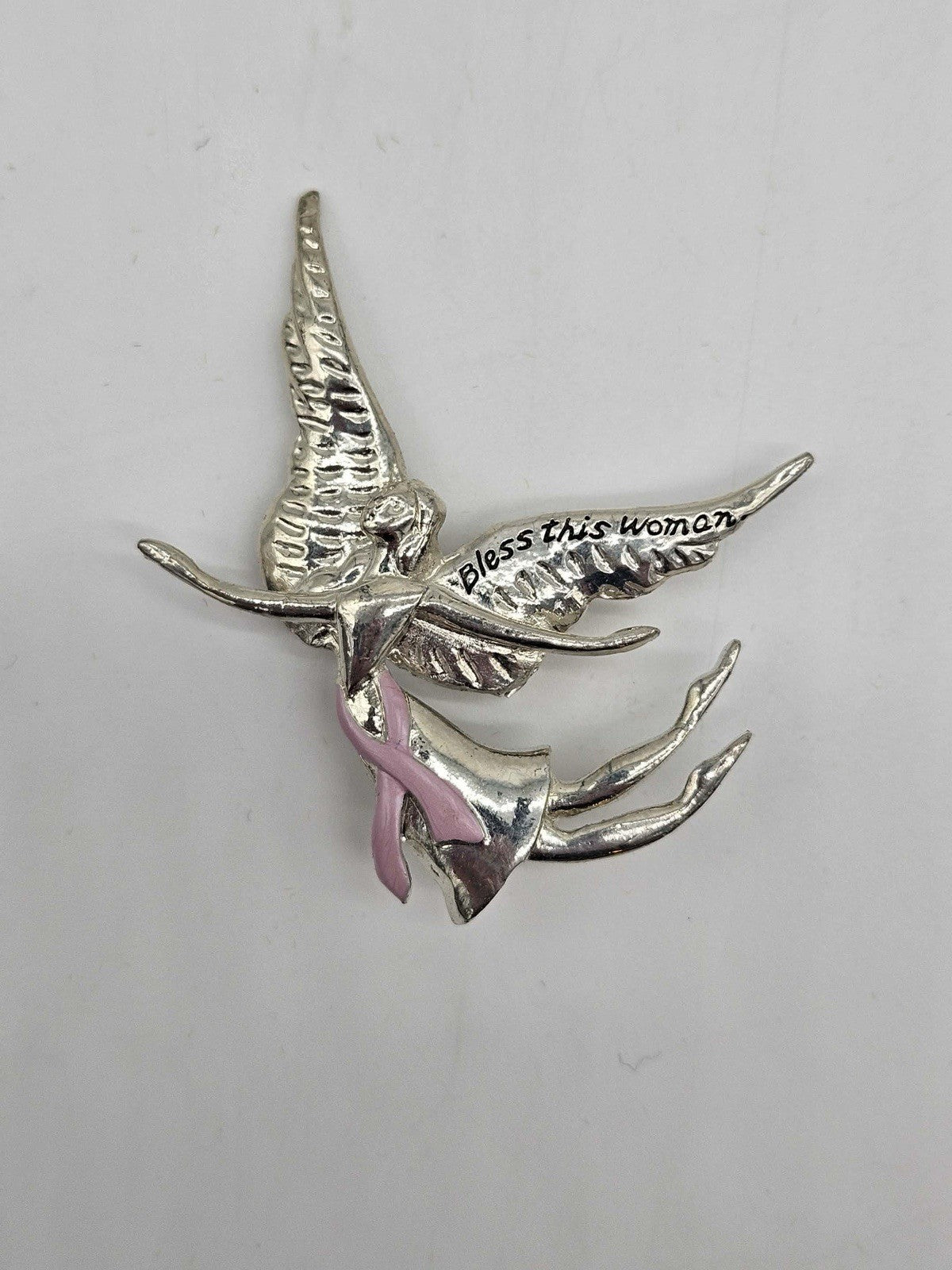 Silver-toned Metallic Girl Angel "Bless This Woman" Breast Cancer Pin/ Broach