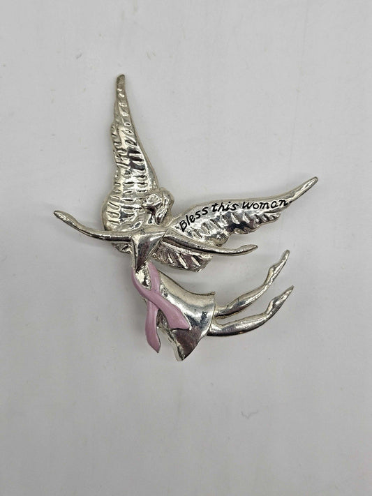 Silver-toned Metallic Girl Angel "Bless This Woman" Breast Cancer Pin/ Broach