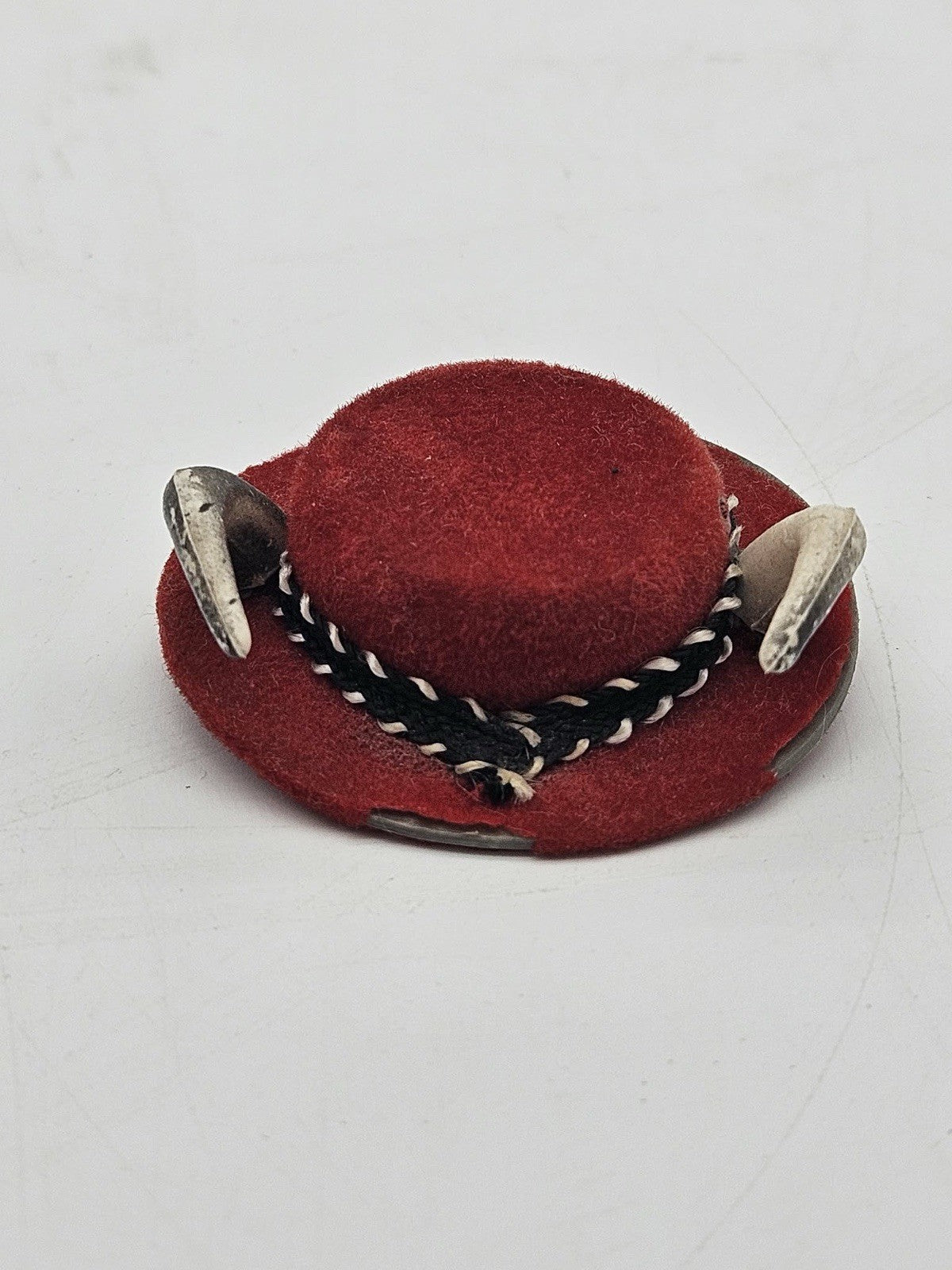 Vintage Red Felt Mini Hat with Horns Novelty Doll Hat Accessory