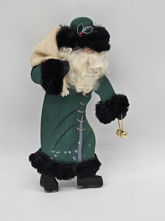 Tall Skinny Santa Figurine Green Coat Faux Fur Trim Bells Rustic Christmas