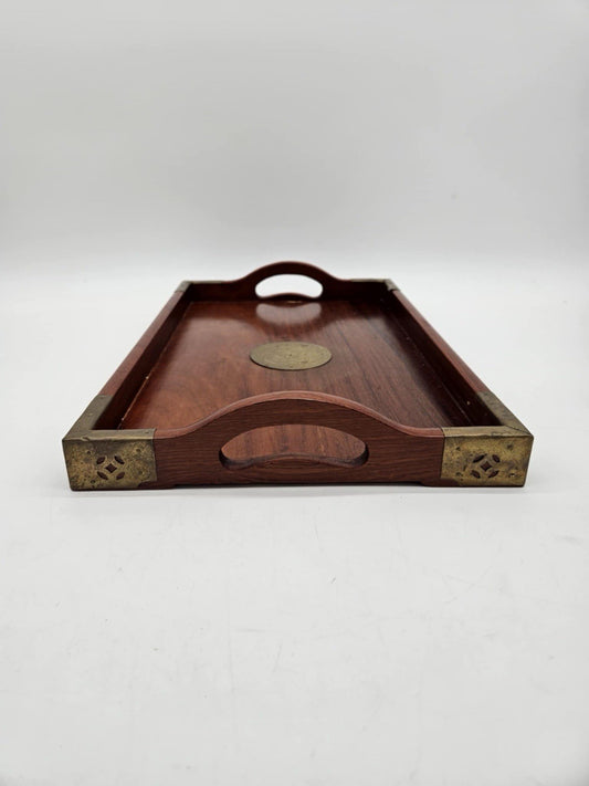 Vintage Asian Cherry Wood Serving Trays w/ Brass Medallion & Corners