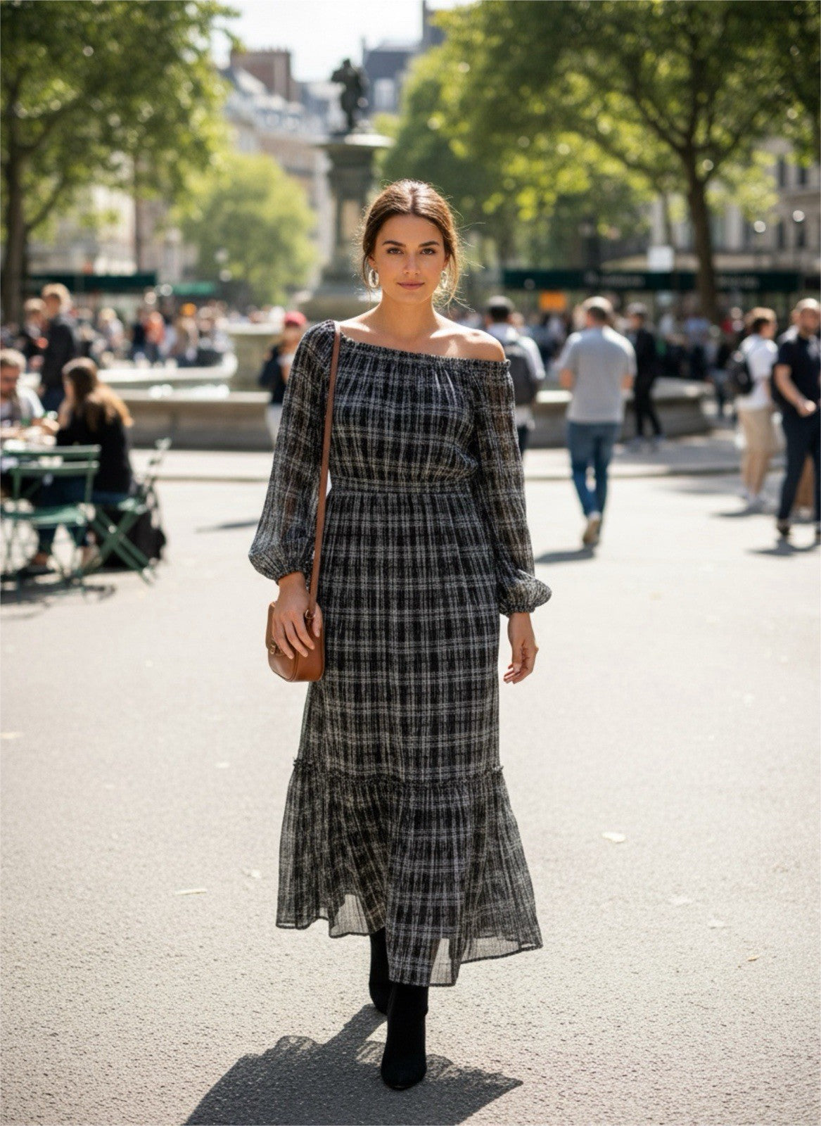 Knox Rose Women’s Plaid Off-Shoulder Maxi Dress Long Sleeve Black Size S