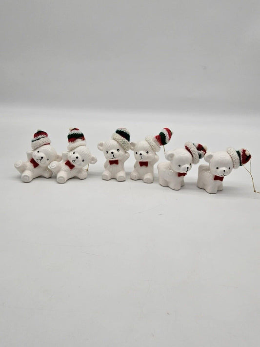 Vintage Snow Bear Ornaments Christmas Around The World 6 Porcelain W/Knit Hats