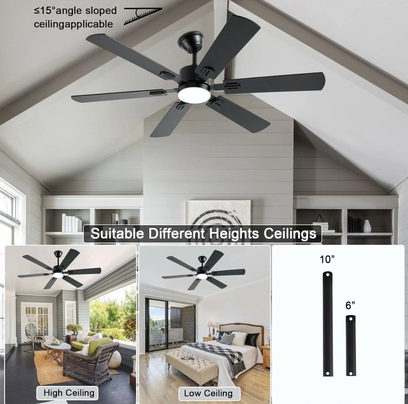 56Inch Black Ceiling Fans with Lights and Remote/App Control, Dimmable LED, Reve