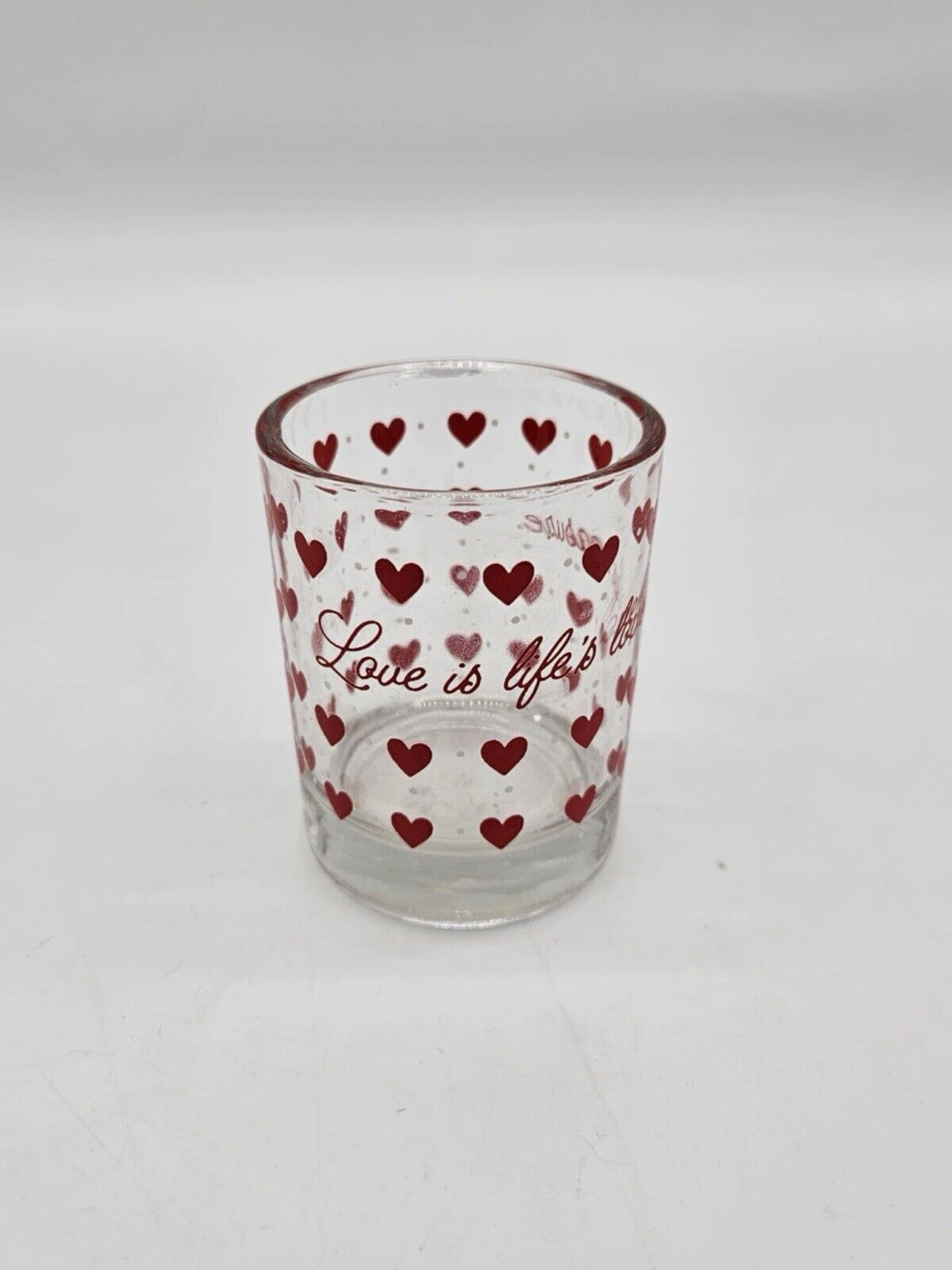 Valentine's Day Design shot glass w/ hearts “Love Is Life’s Loveliest Treasure”