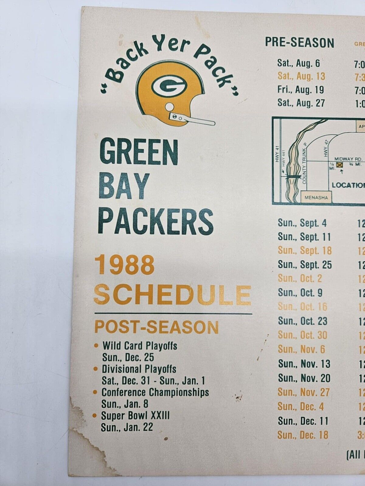 GREEN BAY PACKERS 1988 SCHEDULE