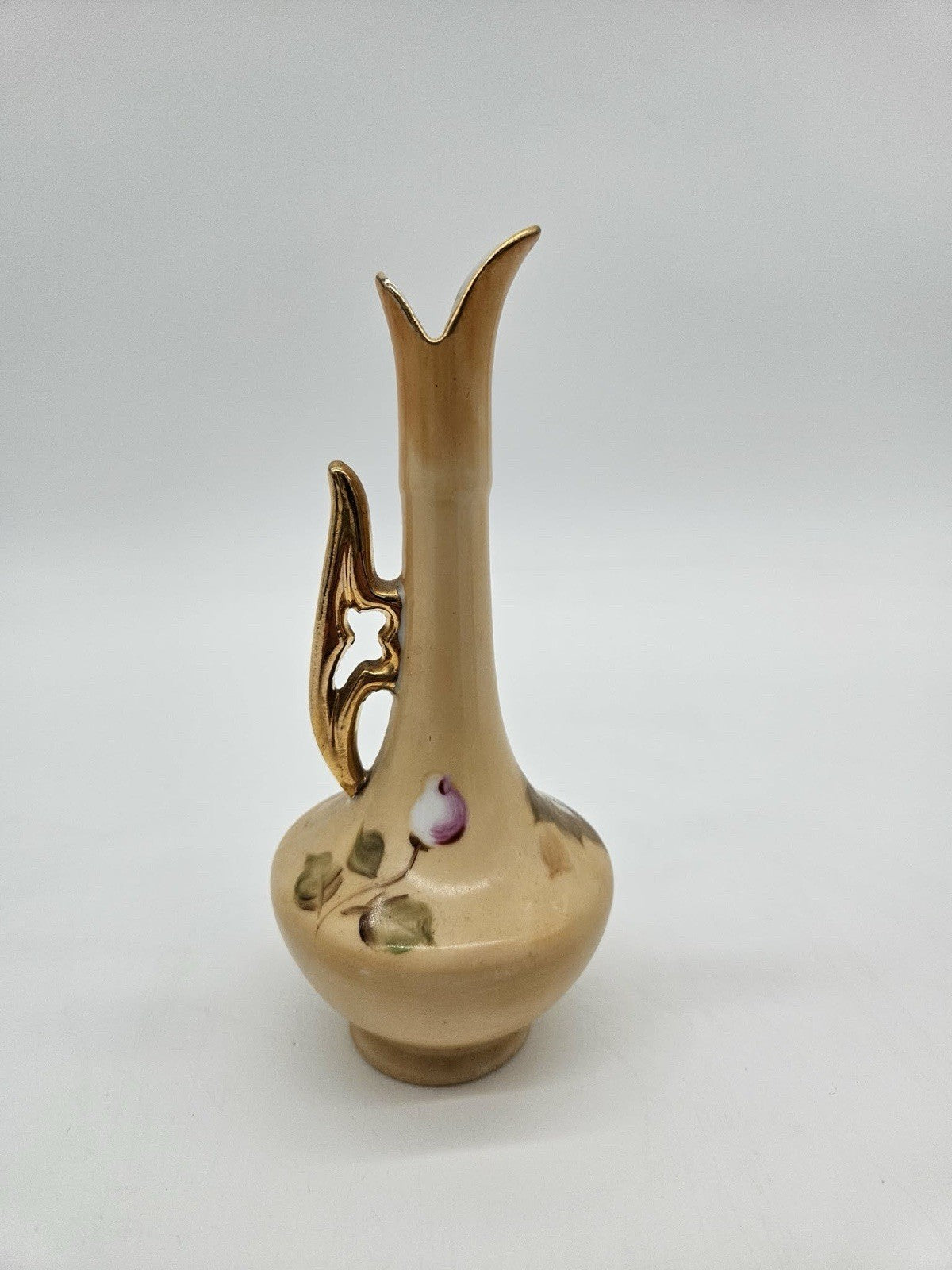 Lefton Hand Painted Green Floral Mini Bud Vase Pitcher Gold Trim 5.5 Inch