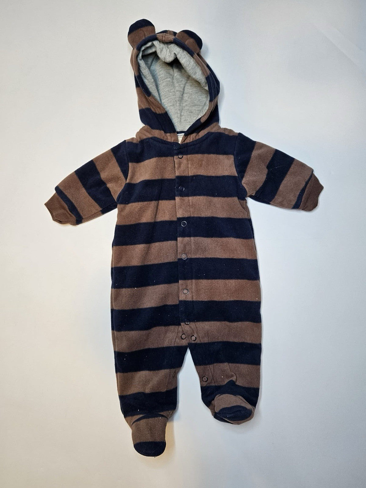 Old Navy Baby Boy Fleece Bear-Ear Hooded Snowsuit -Blue & Gray Stripes 3-6 mths
