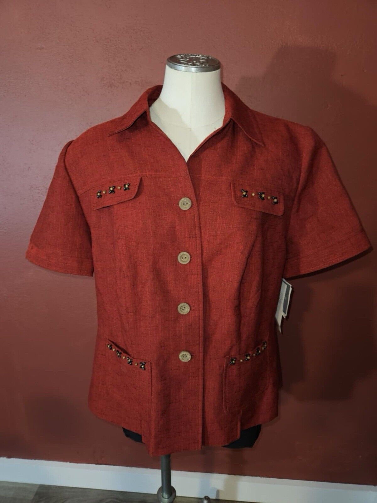 NEW Sag Harbor Women Floral Burgundy Button Up Shirt Sz 14W