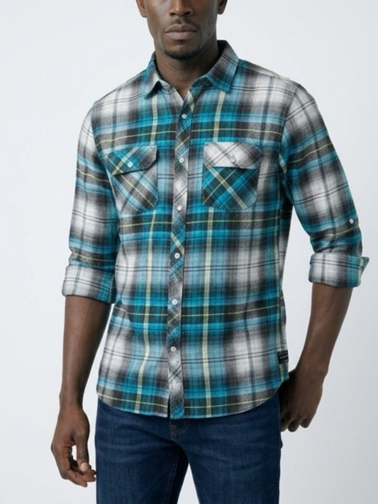 Men’s Plaid Flannel Button Down Shirt Blue Black White Long Sleeve