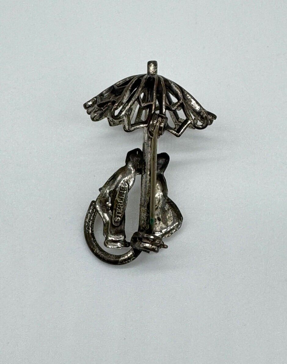 1950s Sterling Silver Umbrella Brooch with Kissing Dutch Couple