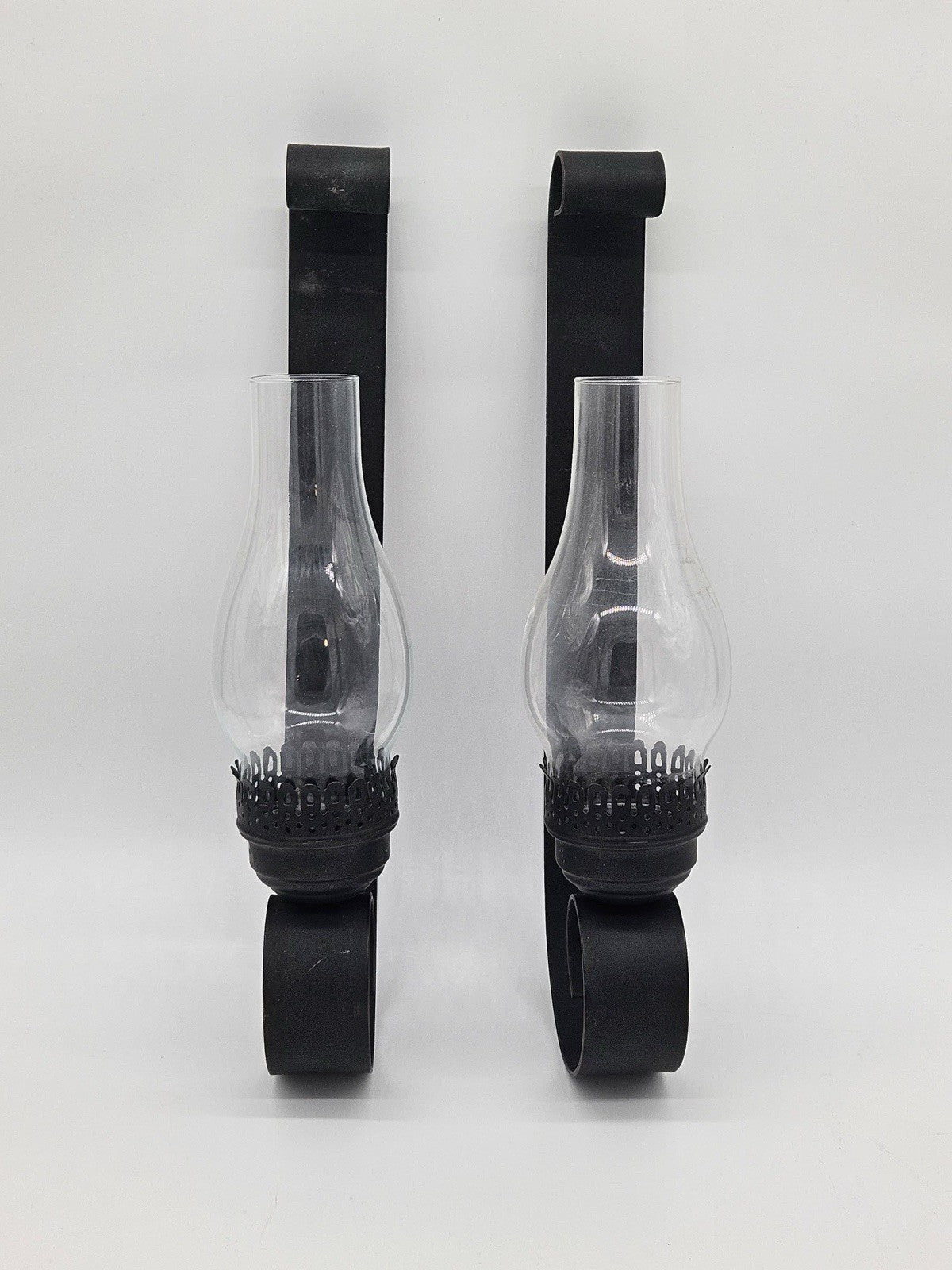 Vintage Wrought Iron Large Candle Holders With Glass Hurricane Shades Set 2