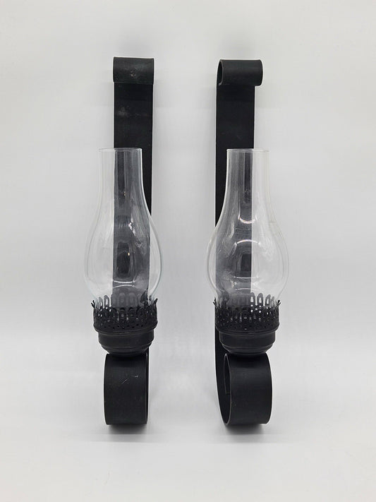 Vintage Wrought Iron Large Candle Holders With Glass Hurricane Shades Set 2