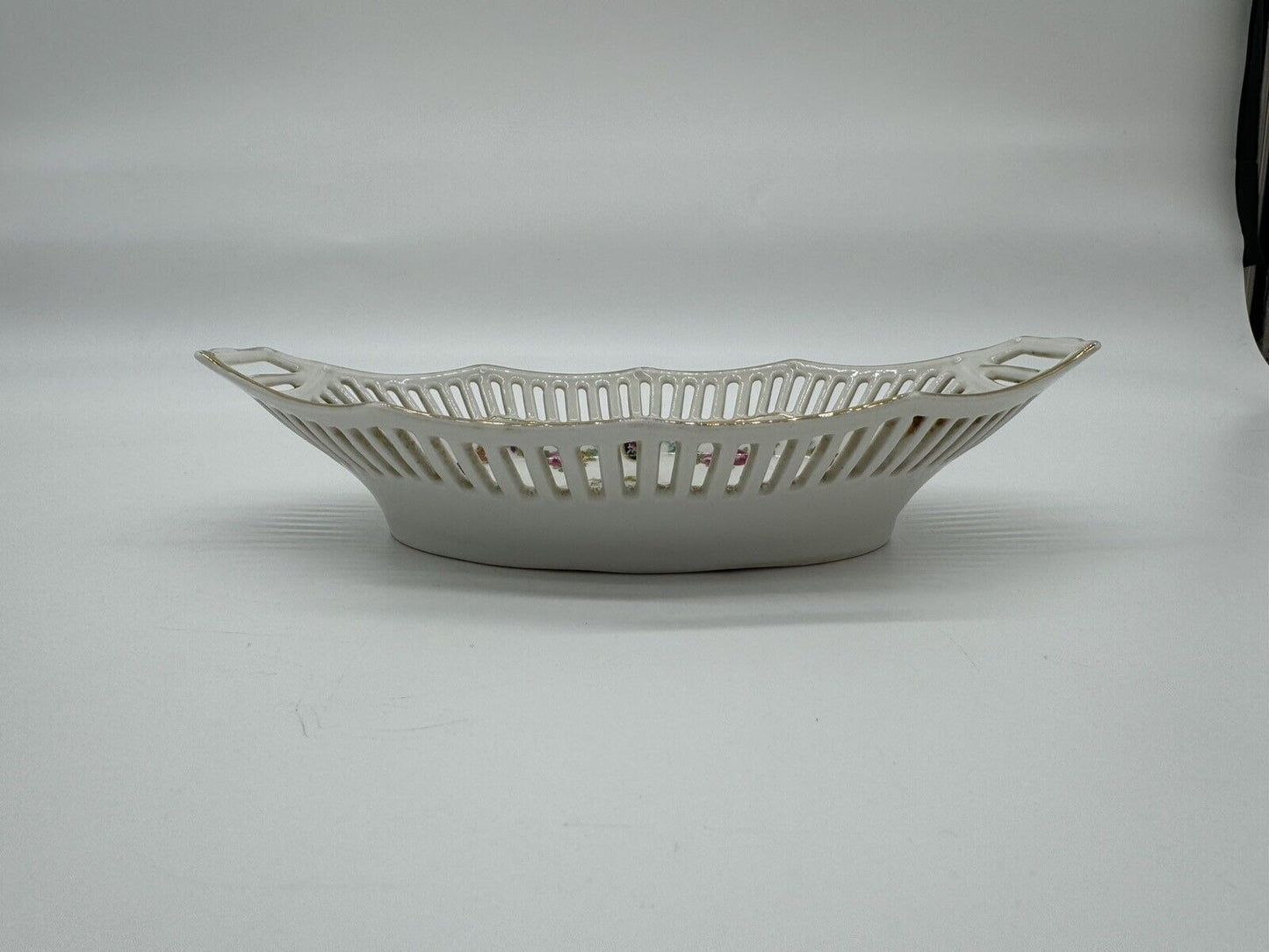 Reticulated German Porcelain Dish White With Gold Trim & Handles Stamped