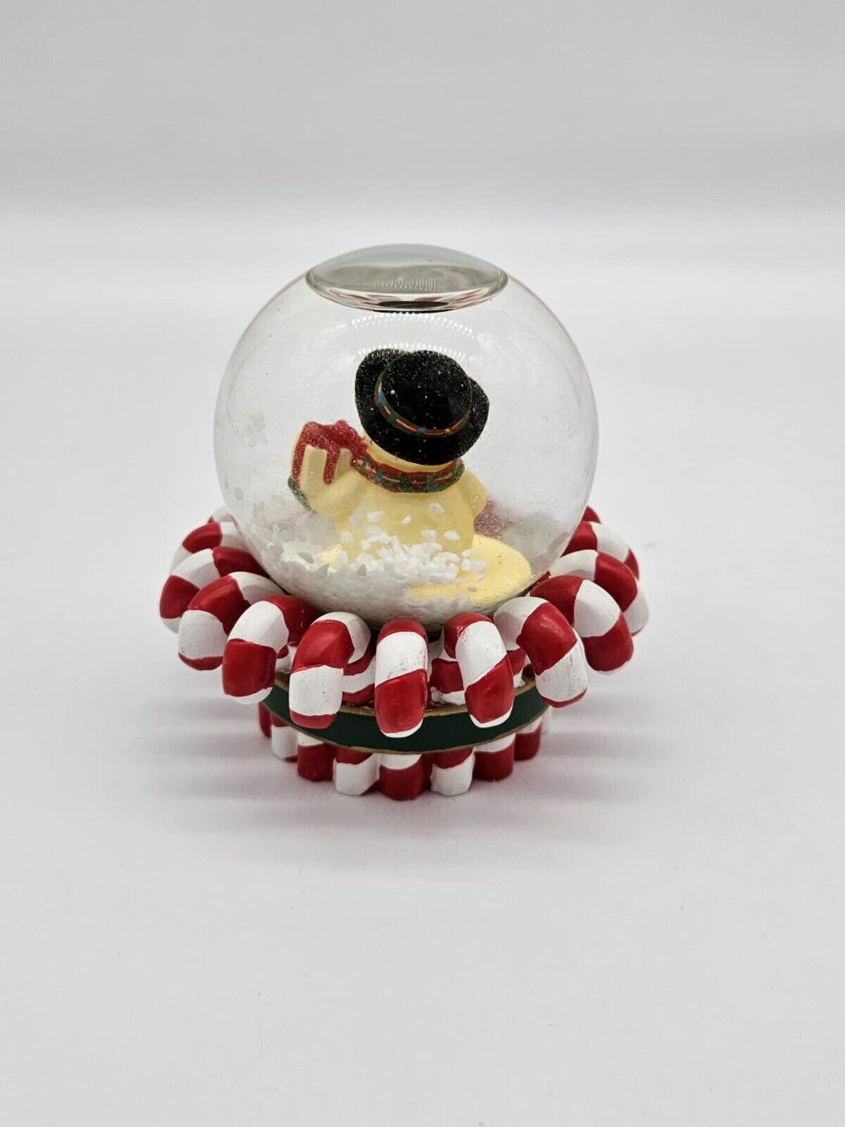 Mini Vintage Christmas Snow Globe Snowman w/ Presents Row of Candy Canes