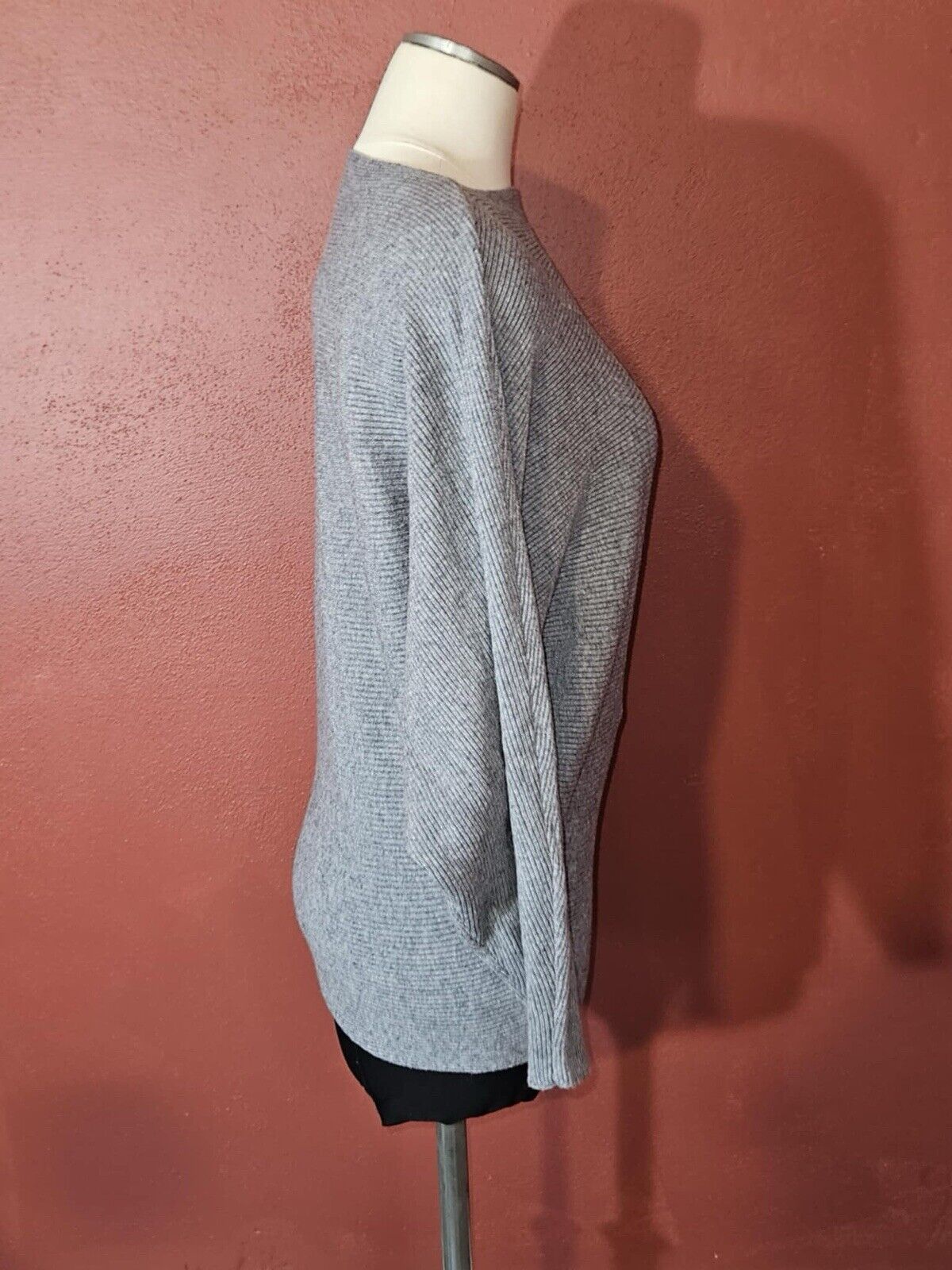 Womens Medium Gray Weave Dolman Sleeve Open Knit Boat Neck Sweater