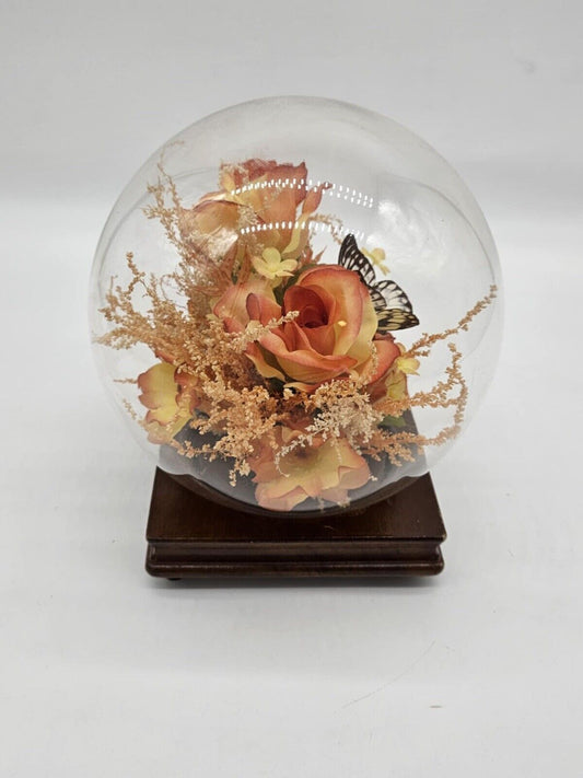 Boho 70s Butterfly Globe Diorama Vintage Decor Pink Silk Flowers on Wood Stand