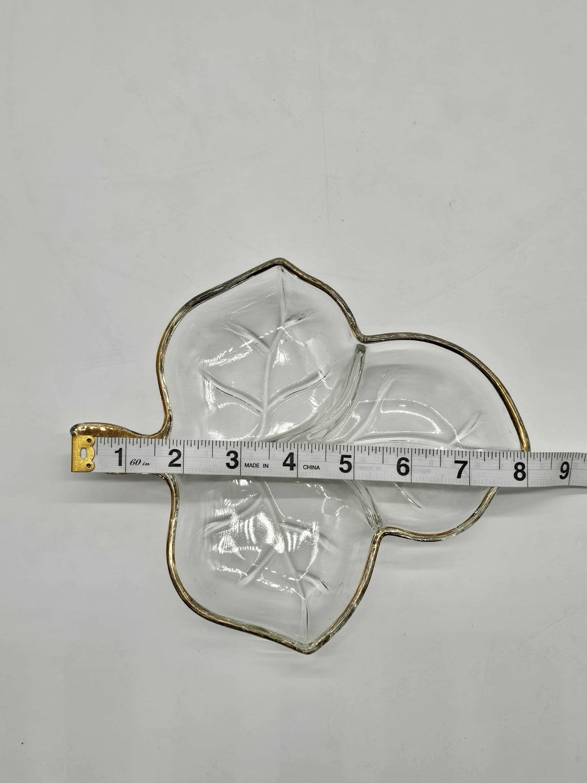 Vintage Clear Glass Gold Trimmed Maple Leaf Shape Divided Candy/Nut Dish