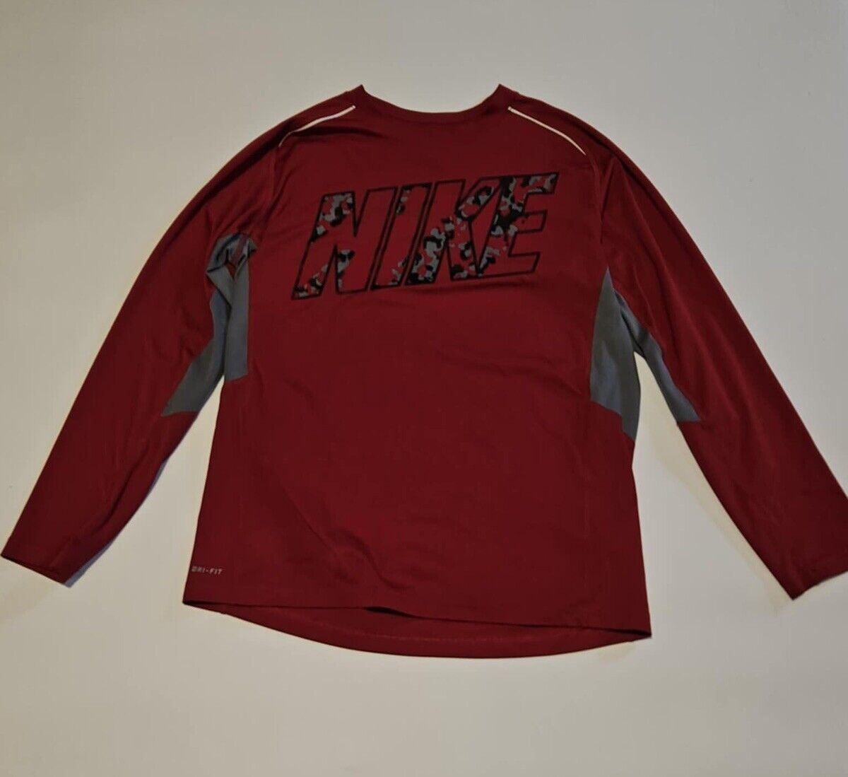 Nike Boys Youth XL Dri Fit Long Sleeve Red,Gray, White trim Logo T-shirt