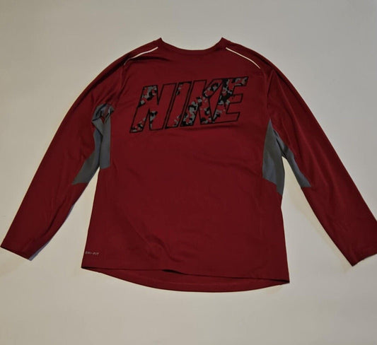 Nike Boys Youth XL Dri Fit Long Sleeve Red,Gray, White trim Logo T-shirt