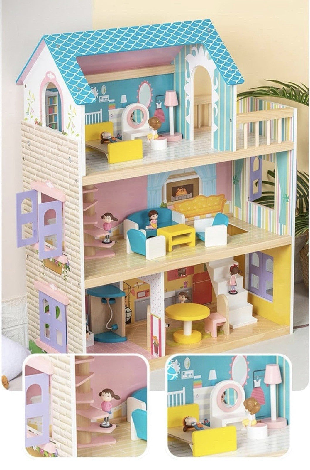 Wooden Dollhouse for Girls with Furniture & Accessories, Playset, Pretend Hou...