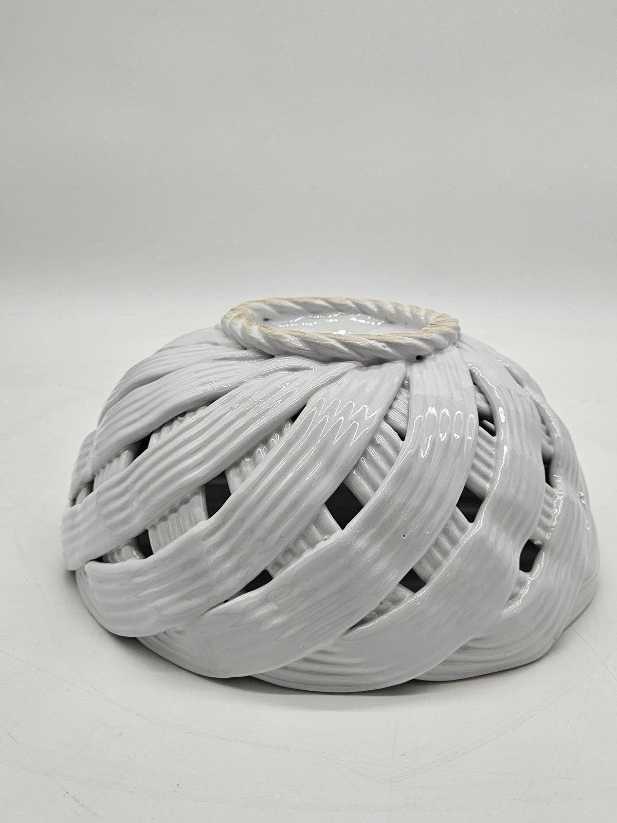 Vintage White Ceramic Woven Lattice Bowl Openwork Centerpiece