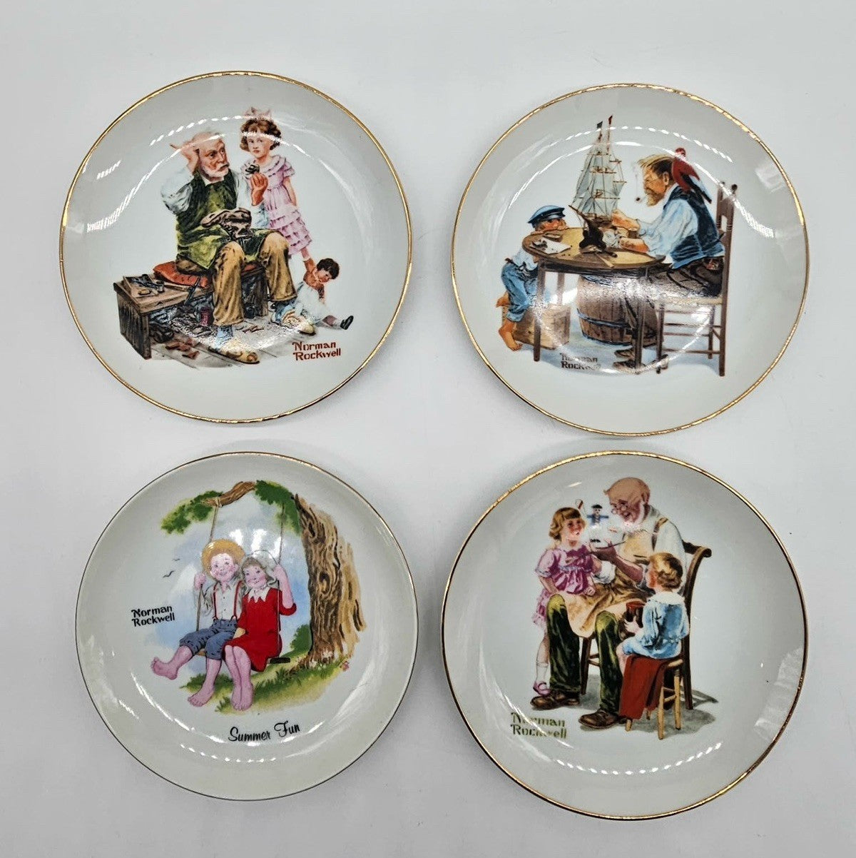 Set of 4 Norman Rockwell Decorative Collector Plates Gold Rim 6.5”