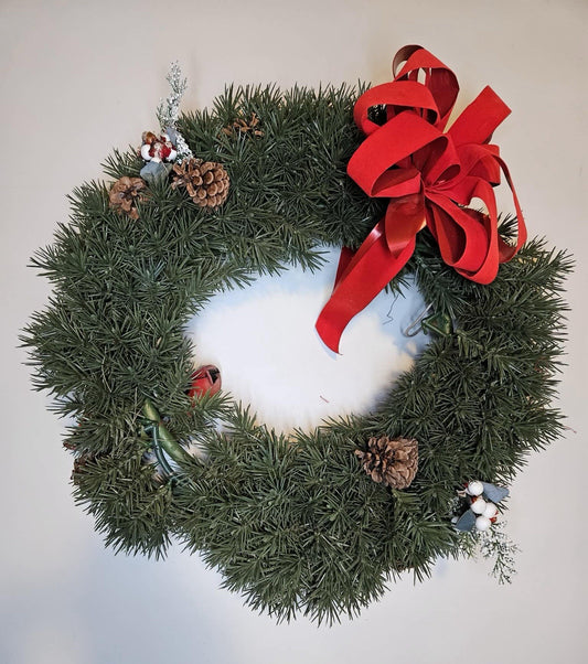 Vintage Artificial Christmas Wreath w Red Bow Pinecones Cardinal Decor
