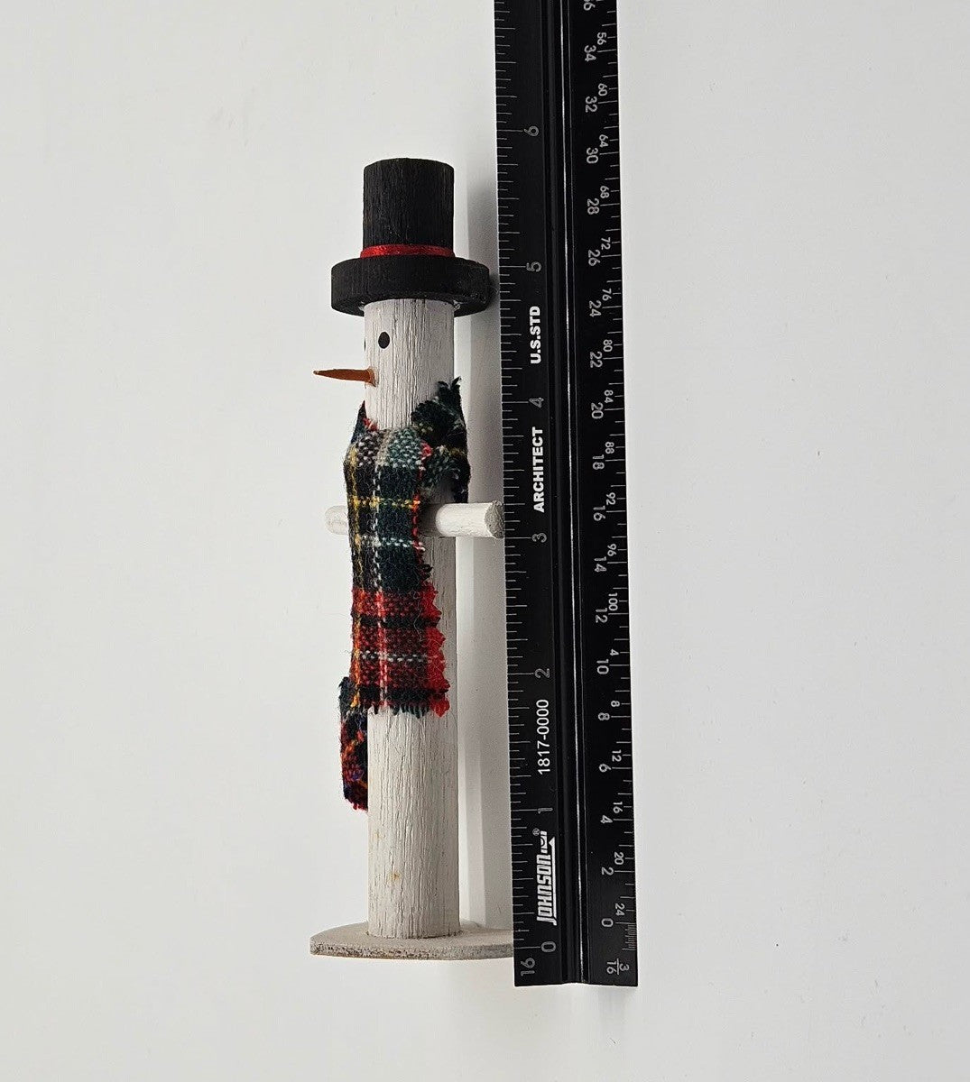 Wooden Snowman Figurine with Plaid Scarf Folk Art