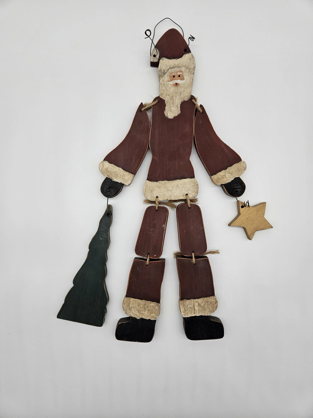 VTG Primitive Folk Art Large Wood Wire Hanging Santa Tree & Star Christmas Decor