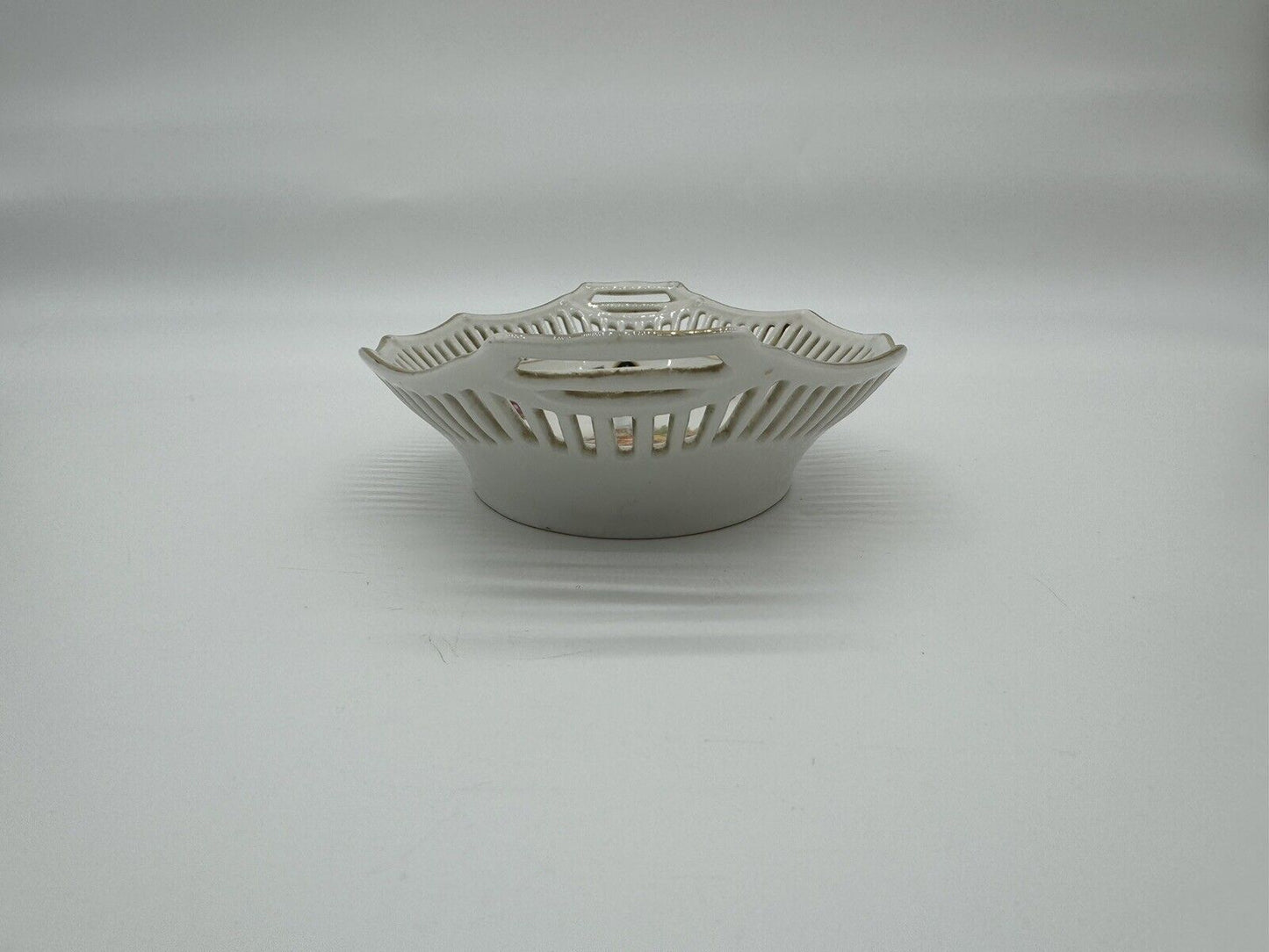 Reticulated German Porcelain Dish White With Gold Trim & Handles Stamped