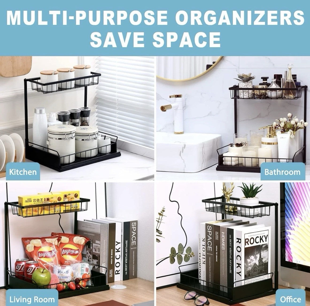 KEASINESS Metals Under Sink Organizer, 2 Tier Bathroom Organizer - 2 Pack