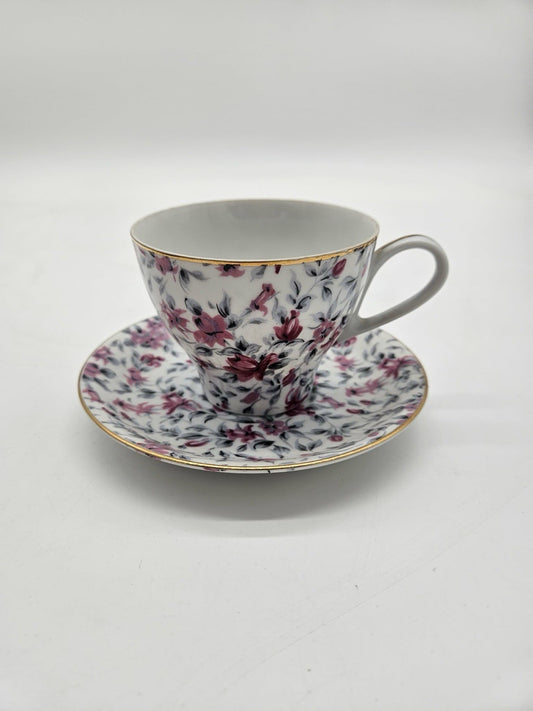 Tea Cup Music Box Bone China Japan Flowers Pattern Gold Trim Collectible Vintage
