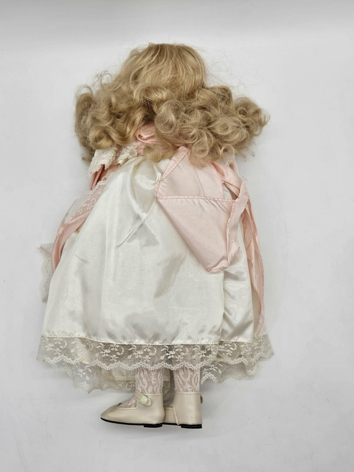 Vintage Porcelain Doll Blonde Curls Pink Dress Lace 16” Boxed