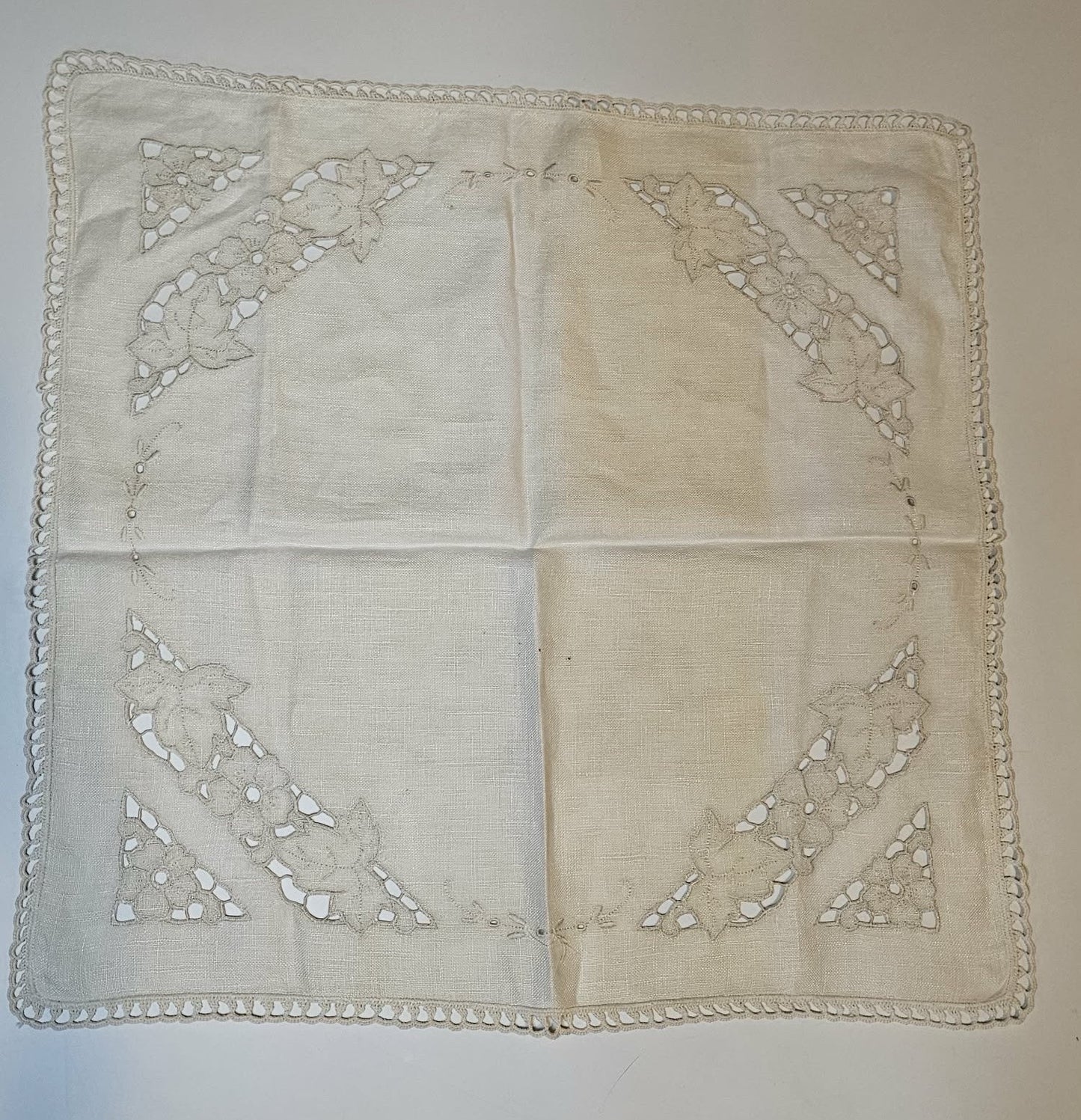 Vintage Linen Cutwork Table Topper Floral Embroidery Square Doily